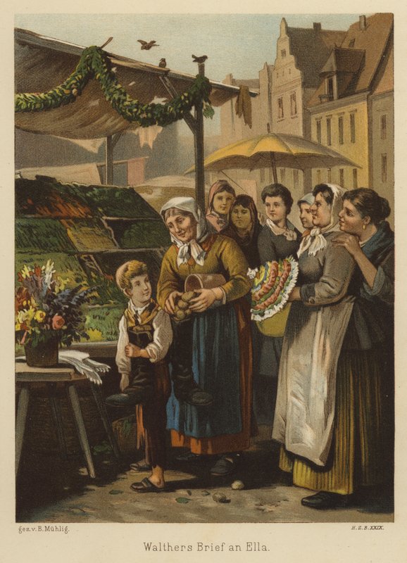 Scene på et marked (farve litho) af Bernhard Muhlig