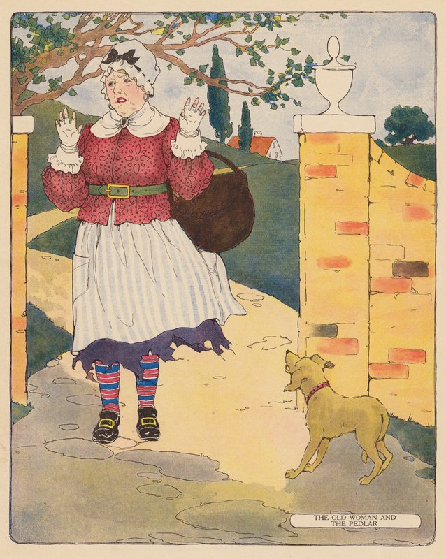 Børnerim: Den gamle kvinde og kræmmeren (farvelitografi) af Blanche Fisher Wright