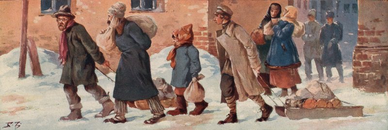 Sovjetiske arbejdere forlader deres kontorer med deres madrationer (farve litho) af Boris Vasilievich Zvorykin