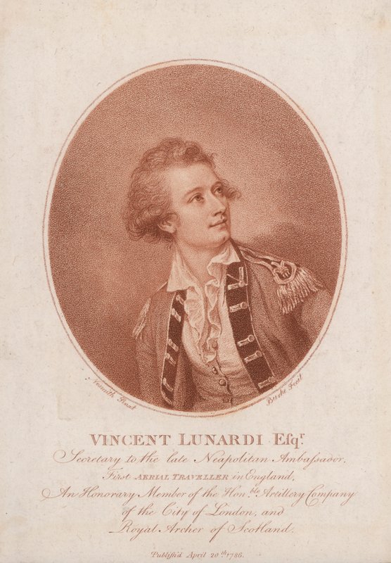 Vincenzo Lunardi, banebrydende italiensk ballonist (gravering) af Burke Nesmith
