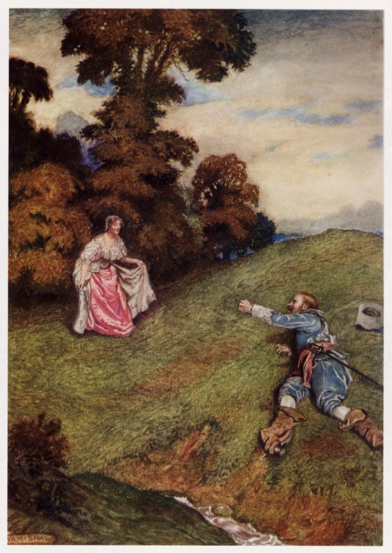 "For han kunne hverken stå eller gå, / men som en krøbling væltede" (farve litho) af Byam (after) Shaw