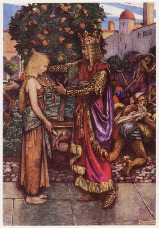 "Kongen han kaldte hende tilbage igen, / og til hende gav han sin lænke" (farve litho) af Byam (after) Shaw