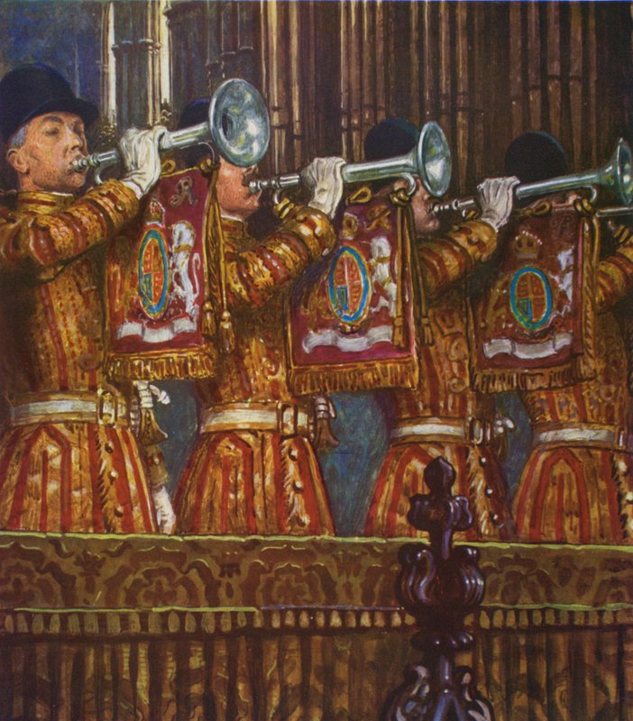 Trompetister fra husholdningskavaleriet slår en fanfare (farve litho) af Byam (after) Shaw