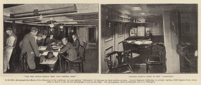 For de små ting, de efterlod sig, Captain Scotts Cabin i Discovery litho af C. Pilkington