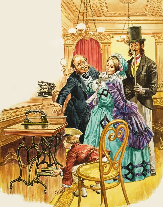 En victoriansk dame beundrer den nye trædesymaskine i et udstillingslokale, mens hendes mand ser på (gouache på papir) af C.L. Doughty