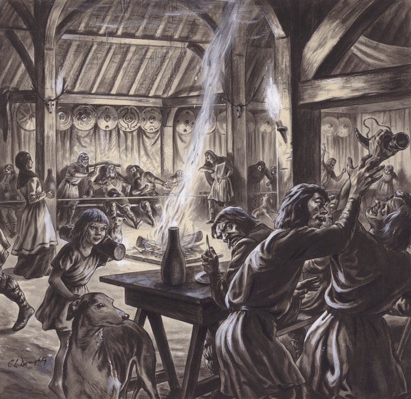 Et festmåltid i en angelsaksisk teatersal (gouache på papir) af C.L. Doughty