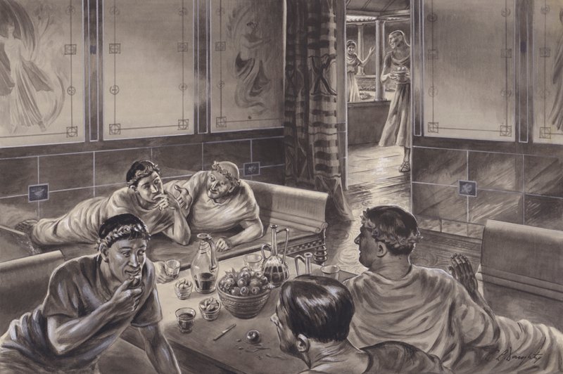 Engelske romere spiser i triclinium (gouache på papir) af C.L. Doughty