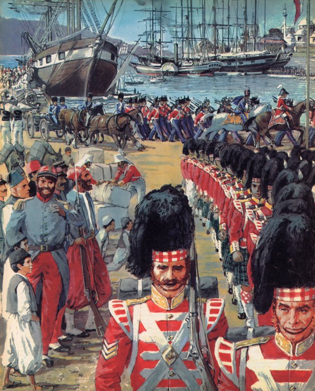 Britiske tropper ankommer til Malta på vej til Krim (farvelitografi) af C.L. Doughty