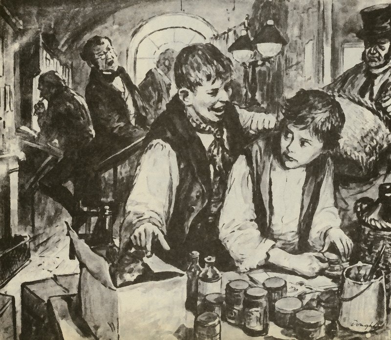 Charles Dickens som dreng i sortérfabrikken (litografi) af C.L. Doughty