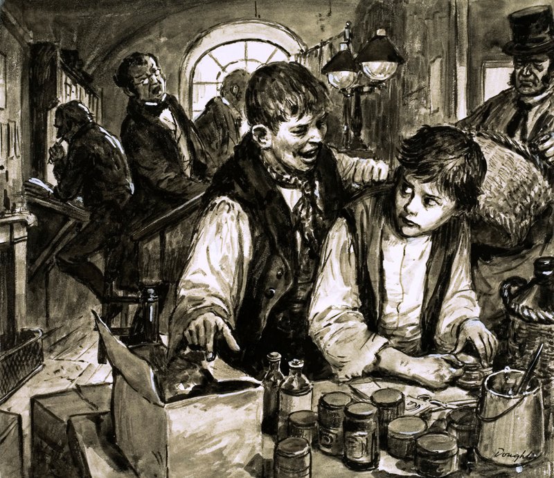 Charles Dickens i sværtefabrikken (gouache på papir) af C.L. Doughty