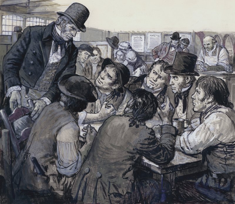 Oberst Despard rekrutterer politisk utilfredse i Londons skumle underverden (gouache på papir) af C.L. Doughty