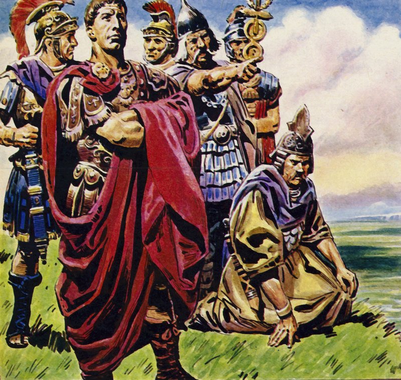 Efter erobringen af Gallien satte Julius Cæsar kursen mod Britannien (farvelitografi) af C.L. Doughty