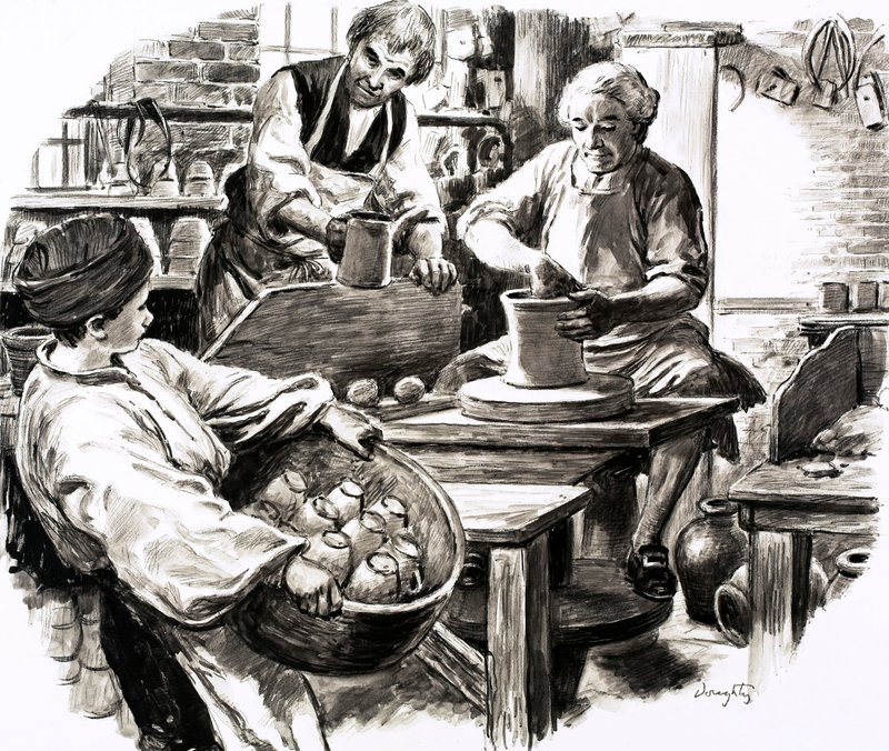 Josiah Wedgwood blev udlært i familiens keramikvirksomhed (gouache på papir) af C.L. Doughty