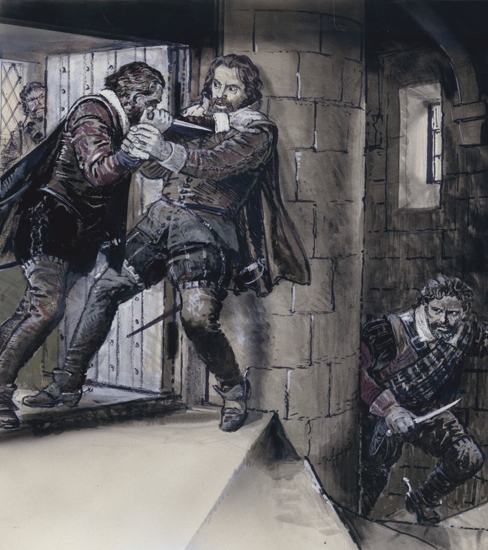 Lord Gowrie tegner en dolk på kong James VI af Skotland (gouache på papir) af C.L. Doughty
