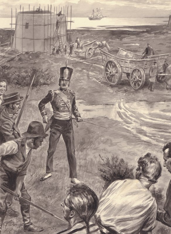 Martellotårne bliver bygget i forventning om Napoleons invasion af England (gouache på papir) af C.L. Doughty