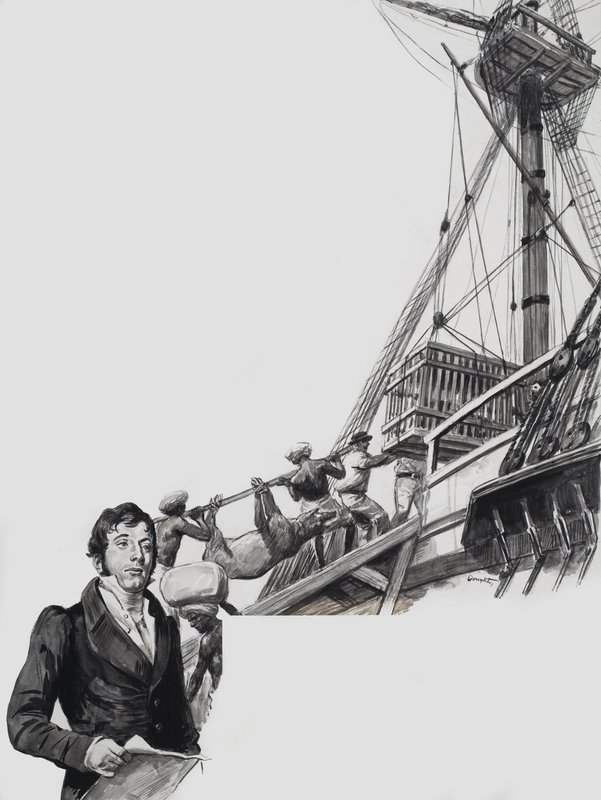 Raffles forlader Singapore (gouache på papir) af C.L. Doughty
