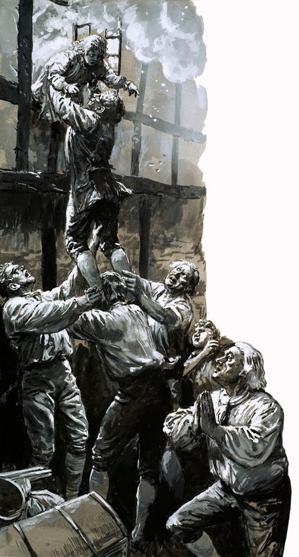 Redning af den unge John Wesley (gouache på papir) af C.L. Doughty