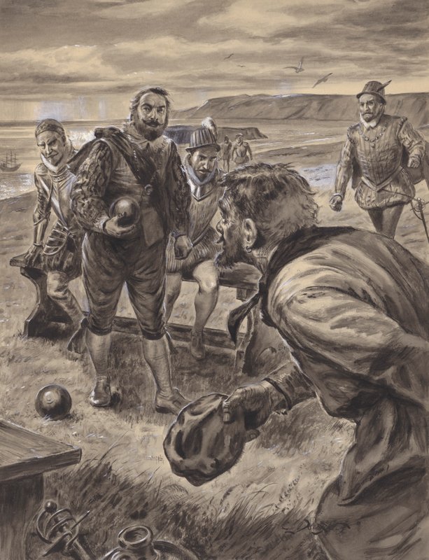 Sir Francis Drake spiller bowls, mens han modtager nyheder om den spanske armada (gouache på papir) af C.L. Doughty
