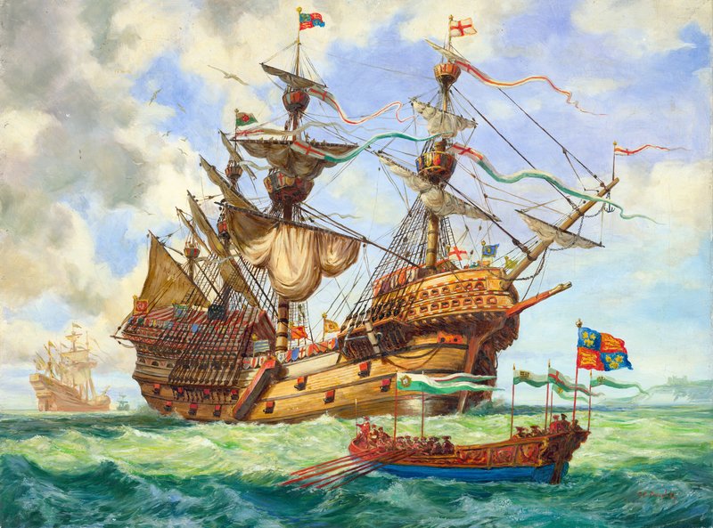 The Great Harry, flagskibet i kong Henriks flåde, med mange af sine 251 kanoner (gouache på papir) af C.L. Doughty