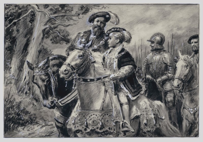 Lord Protector, hertugen af Somerset, fører den unge kong Edward VI til Windsor (gouache på papir) af C.L. Doughty
