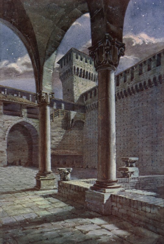Gårdhave, Castel Sforza, Milano (farve litho) af C.T.G. Formili