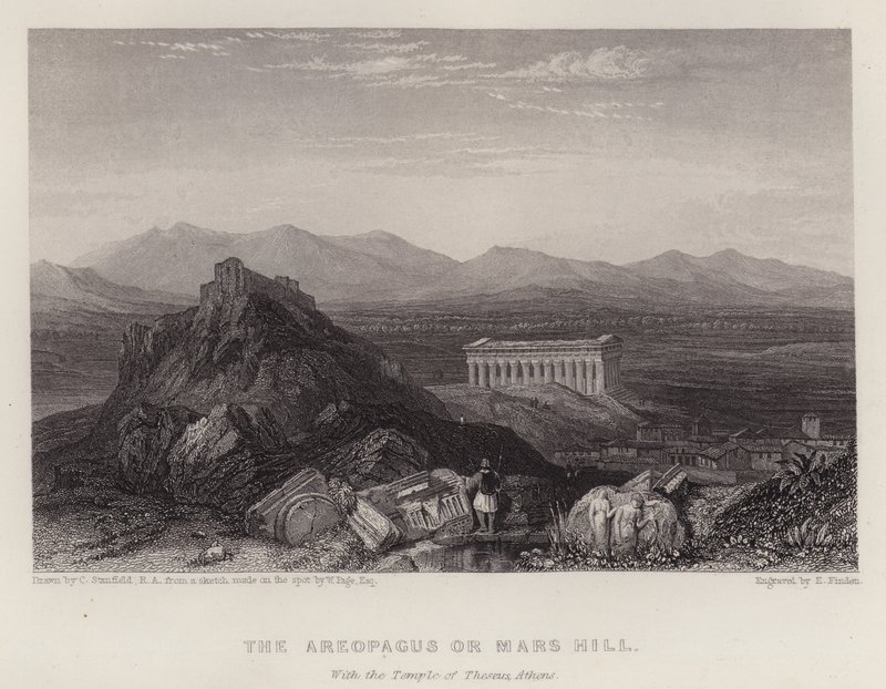 Areopagus eller Mars Hill, med Theseus-templet Athen (farve litho) af C. (after) Stanfield
