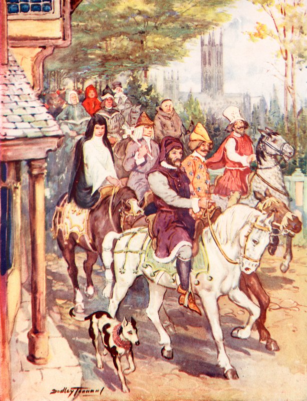 Chaucer rider til Canterbury med pilgrimmene (farve litho) af C. Dudley Tennant