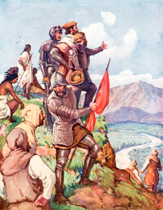 Jacques Cartier gør krav på Canada for Frankrig (farve litho) af C. Dudley Tennant