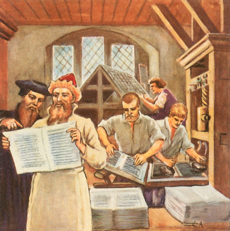 Gutenberg trykker Bibelen (forbedret farvelitografi) af Carl Arriens