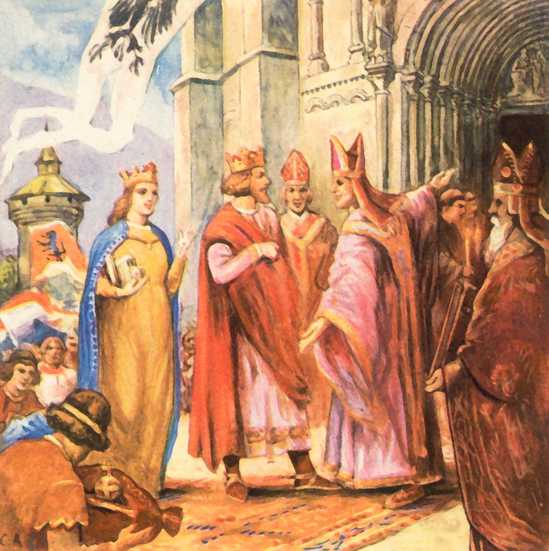 Kong Henrik II indvier Bambergs domkirke (forbedret farvelitografi) af Carl Arriens