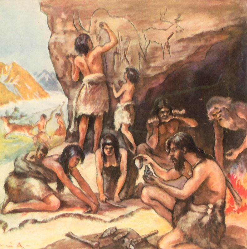 Familiehule fra stenalderen (forstærket farvelitografi) af Carl Arriens