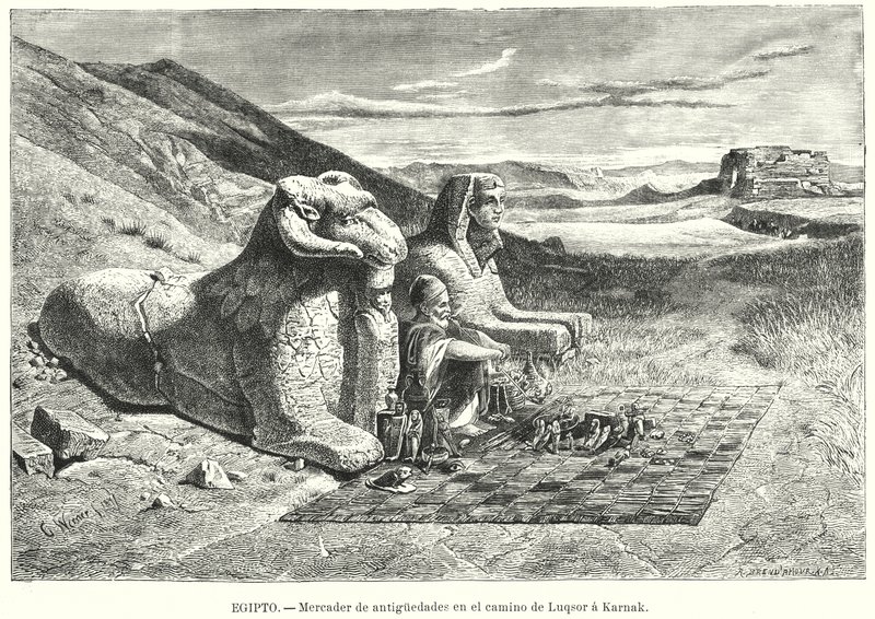 Antikvitetssælger på vejen fra Luxor til Karnak, Egypten (litho) af Carl Friedrich Heinrich (after) Werner