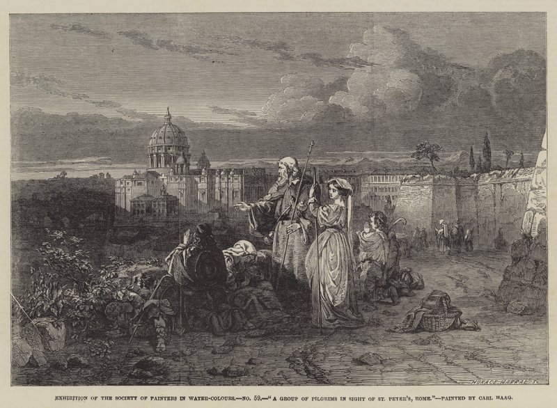 En gruppe pilgrimme i syne af Peterskirken, Rom af Carl Haag