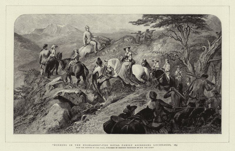 Morgen i højlandet, kongefamilien på vej op til Lochnagar, 1853 af Carl Haag