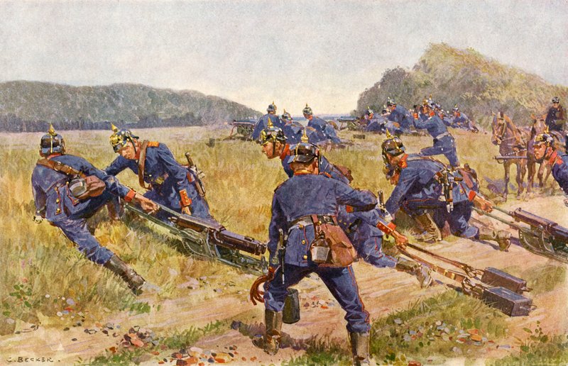 Bayersk maskingeværfirma opretter en stilling (farve litho) af Carl Ludwig Friedrich (after) Becker
