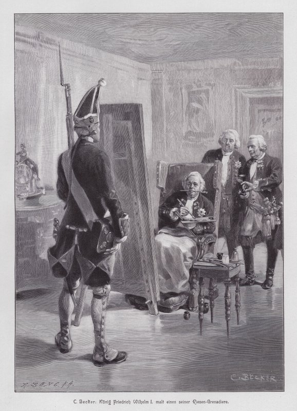 Kong Frederik Vilhelm I af Preussen maler en grenader af hans Potsdamer Riesengarde (Giant Guard of Potsdam) (gravering) af Carl Ludwig Friedrich (after) Becker