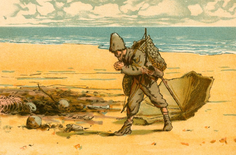 Robinson Crusoe ser stranden overstrøet med menneskekranier og menneskeknogler af Carl Marr