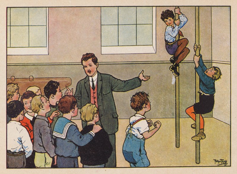Drenge klatrer på stænger i gymnastiksalen (farvelitografi) af Carl Robert Arthur Thiele