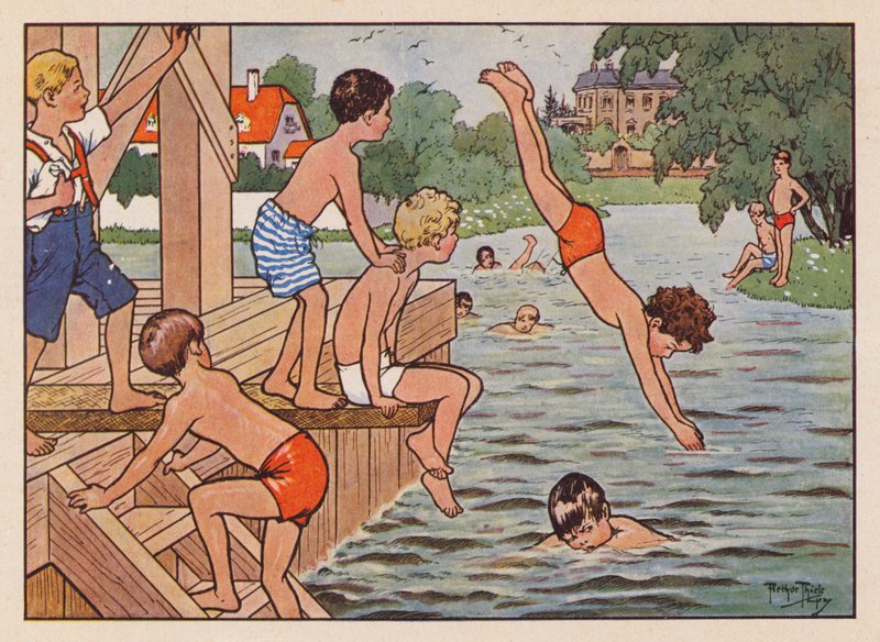 Svømning og udspring for drenge (farvelitografi) af Carl Robert Arthur Thiele