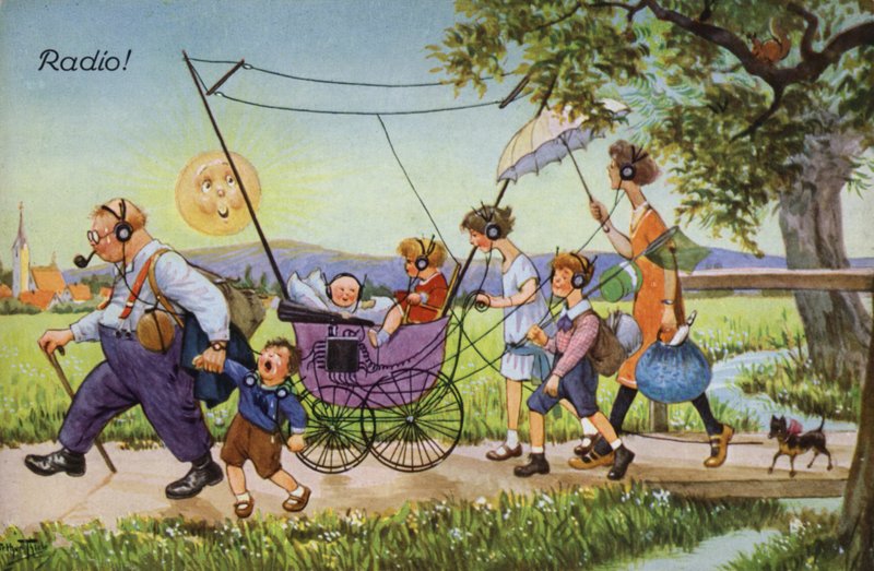 Komiske skildringer af tidlig radio (farve litho) af Carl Robert Arthur Thiele