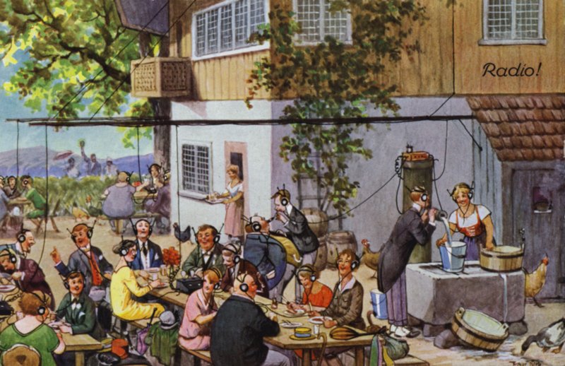 Komiske skildringer af tidlig radio (farve litho) af Carl Robert Arthur Thiele