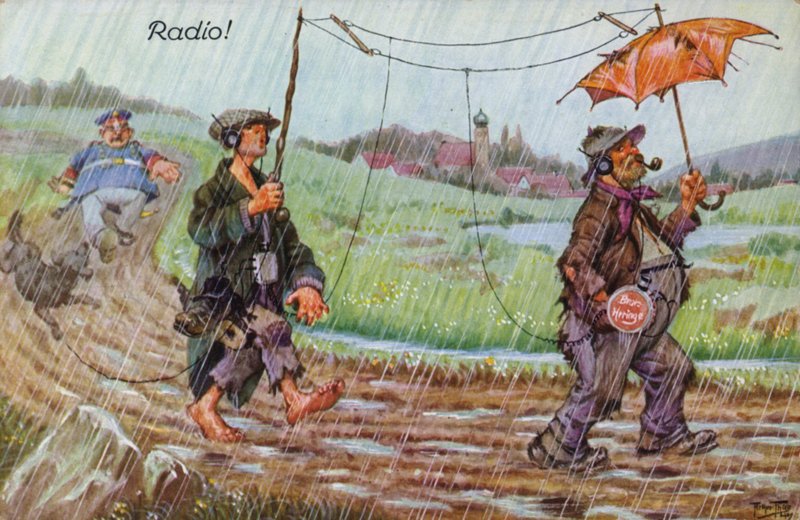 Komiske skildringer af tidlig radio (farve litho) af Carl Robert Arthur Thiele