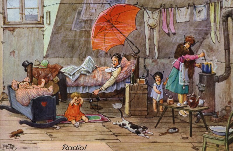 Komiske skildringer af tidlig radio (farve litho) af Carl Robert Arthur Thiele
