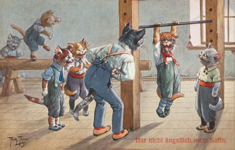 Humoristisk kattepostkort (farvelitografi) af Carl Robert Arthur Thiele