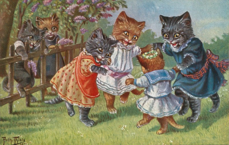 Humoristisk kattepostkort (farvelitografi) af Carl Robert Arthur Thiele