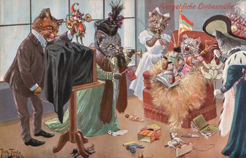 Humoristisk kattepostkort (farvelitografi) af Carl Robert Arthur Thiele