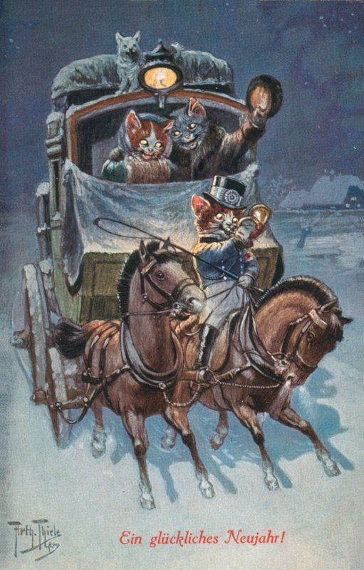 Humoristisk kattepostkort (farvelitografi) af Carl Robert Arthur Thiele