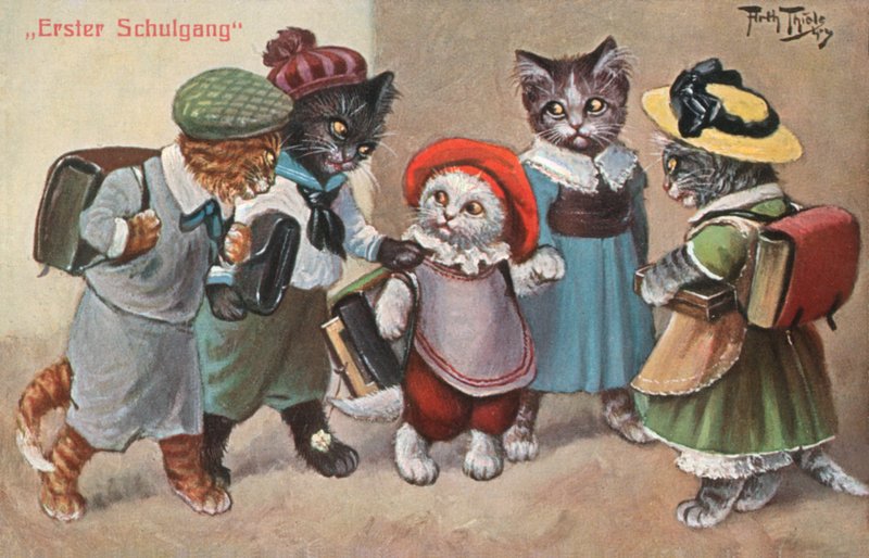 Humoristisk kattepostkort (farvelitografi) af Carl Robert Arthur Thiele