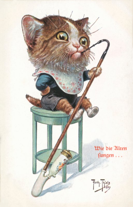 Humoristisk kattepostkort (farvelitografi) af Carl Robert Arthur Thiele