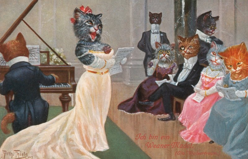 Humoristisk kattepostkort (farvelitografi) af Carl Robert Arthur Thiele